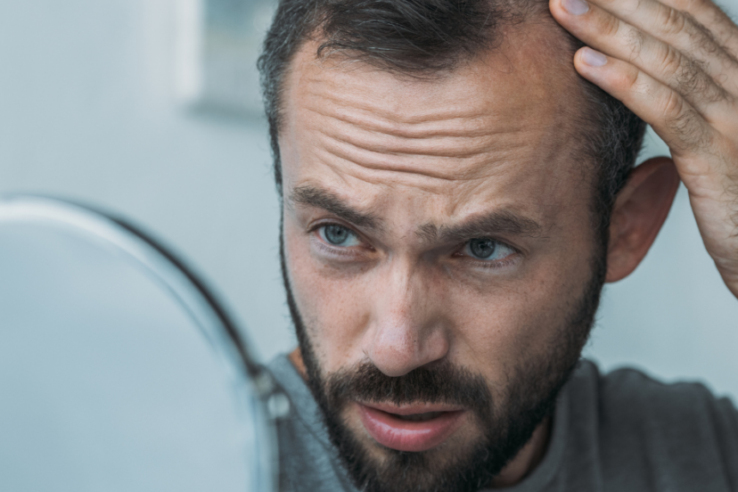 "Man examining his hairline in a mirror."